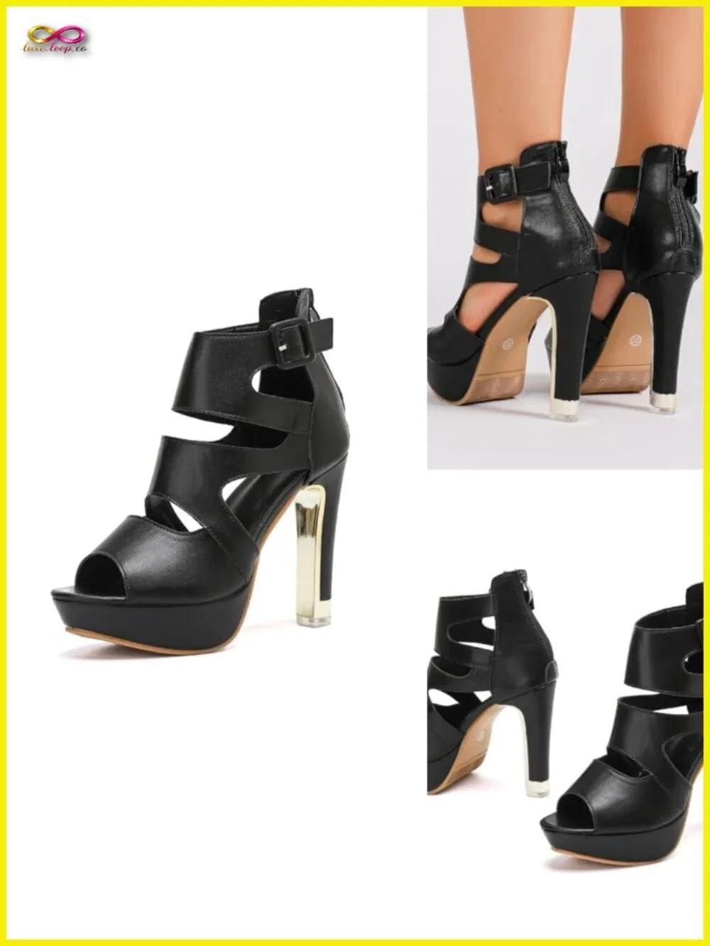 Chunky High Heel Platform Sandals Hollow Out Peep Toe Ankle Strap Zip Dress